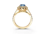 Double Halo Engagement Ring Setting for Fancy Blue Cushion Cut Center with Narrow Pave Split Shank and Prong Head in Yellow Gold