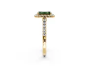 Halo Engagement Ring Setting for Fancy Green Emerald Cut Center with Narrowing Pave Band and Prong Head in Yellow Gold