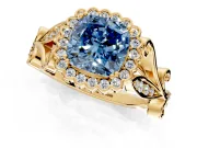 Halo Engagement Ring Setting for Fancy Blue Cushion Cut Center with Leaf Motif Split Shank and Prong Head in Yellow Gold