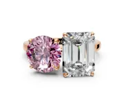 Fancy Pink Round Cut and Emerald Cut Lab-Grown Diamond Toi et Moi Engagement Ring with Prong-Set Stones in Rose Gold