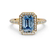 Halo Engagement Ring Setting for Fancy Blue Emerald Cut Center with Pave Accents, Heart Basket and Prong Head in Yellow Gold