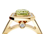 Halo Engagement Ring Setting for Fancy Yellow Radiant Cut Center with Outer Bezel Rim, Pave Band and Prong Head in Yellow Gold