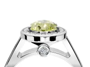 Halo Engagement Ring Setting for Fancy Yellow Pear-Shaped Center with Outer Bezel Rim, Pave Band and Prong Head in Platinum