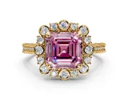 Milgrain Halo Engagement Ring Setting for Fancy Pink Asscher Cut Center with Bezel Point Accents and Prong Head in Yellow Gold