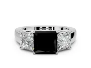 3 Stone Engagement Ring Setting for Fancy Black Princess Cut Center with Raised Basket Heads and Prong Head in White Gold