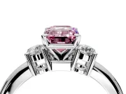 3 Stone Engagement Ring Setting for Fancy Pink Emerald Cut Center with Wide Plain Band and Prong Head in Platinum