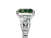 3 Stone Engagement Ring Setting for Fancy Green Emerald Cut Center with Crossover Basket, Pave Band and Prong Head in Platinum