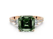 3 Stone Engagement Ring Setting for Fancy Green Asscher Cut Center with Round Cut Side Accents and Prong Head in Rose Gold