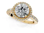 Halo Engagement Ring Setting for Round Cut Center with Inner Milgrain Border and Prong Head in Yellow Gold