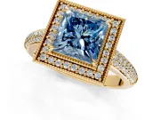 Milgrain Halo Engagement Ring Setting for Fancy Blue Princess Cut Center with Three-Sided Pave Band and Prong Head in Yellow Gold