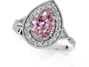 Halo Engagement Ring Setting for Fancy Pink Pear-Shaped Center with Milgrain Rim, Pave Band and Prong Head in Sterling Silver