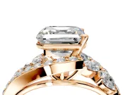 Halo Engagement Ring Setting for Asscher Cut Center with Marquise and Pave Bypass Band and Prong Head in Rose Gold