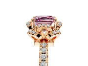 Floral Halo Engagement Ring Setting for Fancy Pink Asscher Cut Center with Pave Band and Prong Head in Rose Gold