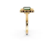 Cluster Halo Engagement Ring Setting for Fancy Green Asscher Cut Center with Milgrain Bezel Accents and Prong Head in Yellow Gold