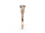 3 Stone Engagement Ring Setting for Cushion Cut Center with Crossover Basket, Pave Band and Prong Head in Rose Gold