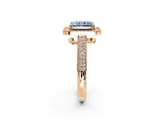 Milgrain Halo Engagement Ring Setting for Fancy Blue Radiant Cut Center with Three-Sided Pave Band and Prong Head in Rose Gold