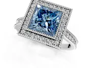 Halo Engagement Ring Setting for Fancy Blue Princess Cut Center with Milgrain Pave Band and Bezel Head in Platinum