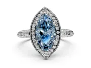 Milgrain Halo Engagement Ring Setting for Fancy Blue Marquise Center with Three-Sided Pave Band and Prong Head in Platinum