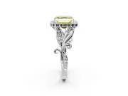 Halo Engagement Ring Setting for Fancy Yellow Asscher Cut Center with Leaf Motif Split Shank and Prong Head in Platinum