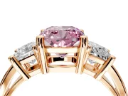 3 Stone Engagement Ring Setting for Fancy Pink Cushion Cut Center with Matching Side Accents and Prong Head in Rose Gold