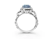 Halo Engagement Ring Setting for Fancy Blue Princess Cut Center with Open Scroll Shoulders and Prong Head in White Gold