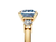 3 Stone Engagement Ring Setting for Fancy Blue Princess Cut Center with Wide Plain Band and Prong Head in Yellow Gold
