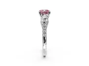 3 Stone Engagement Ring Setting for Fancy Pink Cushion Cut Center with Crossover Basket, Pave Band and Prong Head in Sterling Silver