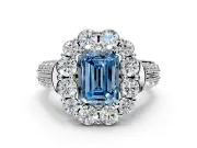 Large Accent Halo Engagement Ring Setting for Fancy Blue Emerald Cut Center with Pave Split Shank and Prong Head in Sterling Silver