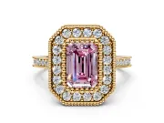 Halo Engagement Ring Setting for Fancy Pink Emerald Cut Center with Milgrain Frame, Pave Band and Prong Head in Yellow Gold