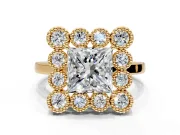 Cluster Halo Engagement Ring Setting for Princess Cut Center with Milgrain Bezel Accents and Prong Head in Yellow Gold