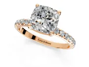 Solitaire Engagement Ring Setting for Cushion Cut Center with Micro Pave Band and Prong Head in Rose Gold