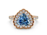 Milgrain Floral Halo Engagement Ring Setting for Fancy Blue Heart-Shaped Center with Pave Band and Prong Head in Rose Gold