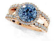 Halo Engagement Ring Setting for Fancy Blue Round Cut Center with Wide-Open Pave Split Shank and Prong Head in Rose Gold