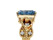 Leaf Engagement Ring Setting for Fancy Blue Emerald Cut Center with Milgrain Accent Band and Prong Head in Yellow Gold
