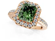 Pave Halo Engagement Ring Setting for Fancy Green Radiant Cut Center with Single Row Pave Band and Prong Head in Rose Gold