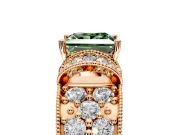 Pave Engagement Ring Setting for Fancy Green Princess Cut Center with Curved Accent Rows, Openwork and Prong Head in Rose Gold