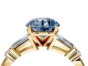 Bar-Set Engagement Ring Setting for Fancy Blue Round Cut Center with Tapered Baguette Accents and Prong Head in Yellow Gold
