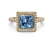 Halo Engagement Ring Setting for Fancy Blue Princess Cut Center with Inner Milgrain Border and Prong Head in Yellow Gold