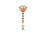 Halo Engagement Ring Setting for Radiant Cut Center with Openwork Halo, Pave Band and Prong Head in Rose Gold