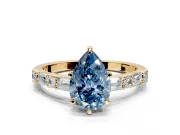 Baguette Engagement Ring Setting for Fancy Blue Pear-Shaped Center with Alternating Bar-Set Band and Prong Head in Yellow Gold