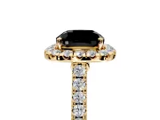 Halo Engagement Ring Setting for Fancy Black Cushion Cut Center with Narrowing Pave Band and Prong Head in Yellow Gold