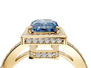 Halo Engagement Ring Setting for Fancy Blue Radiant Cut Center with Metal-Rimmed Halo, Pave Band and Prong Head in Yellow Gold
