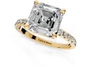 Solitaire Engagement Ring Setting for Asscher Cut Center with Fine Pave Narrow Band and Prong Head in Yellow Gold