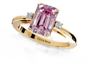 3 Stone Engagement Ring Setting for Fancy Pink Emerald Cut Center with Low-Set Round Cut Accents and Prong Head in Yellow Gold