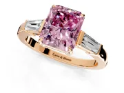 3 Stone Engagement Ring Setting for Fancy Pink Radiant Cut Center with Baguette Accents and Prong Head in Rose Gold