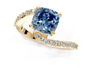 Solitaire Engagement Ring Setting for Fancy Blue Cushion Cut Center with Pave Bypass Swirl Band and Prong Head in Yellow Gold