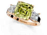 3 Stone Engagement Ring Setting for Fancy Yellow Asscher Cut Center with Matching Side Accents and Prong Head in Rose Gold
