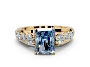 Solitaire Engagement Ring Setting for Fancy Blue Radiant Cut Center with Graduated Shared Prongs and Prong Head in Yellow Gold