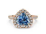 Halo Engagement Ring Setting for Fancy Blue Heart-Shaped Center with Raised Halo, Pave Band and Prong Head in Rose Gold