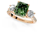 3 Stone Engagement Ring Setting for Fancy Green Radiant Cut Center with Crossover Basket, Pave Band and Prong Head in Rose Gold